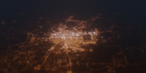 Street lights map of Erbil (Iraq) with tilt-shift effect, view from south. Imitation of macro shot with blurred background. 3d render, selective focus