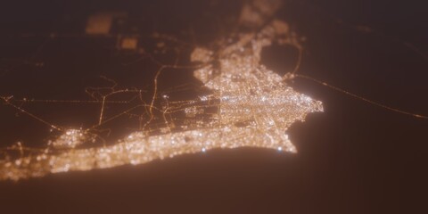 Obraz premium Street lights map of Kuwait City with tilt-shift effect, view from east. Imitation of macro shot with blurred background. 3d render, selective focus