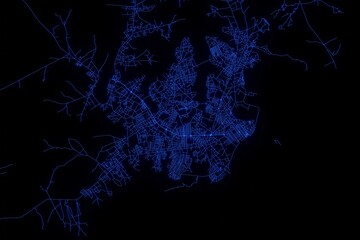 Street map of Bissau (Guinea-Bissau) made with blue illumination and glow effect. Top view on roads network