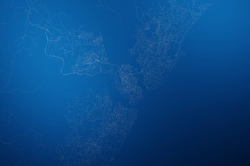Stylized map of the streets of Mombasa (Kenya) made with white lines on abstract blue background lit by two lights. Top view. 3d render, illustration
