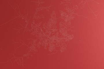 Map of the streets of Bissau (Guinea-Bissau) made with white lines on red paper. Top view, rough background. 3d render, illustration