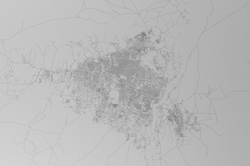 Map of the streets of Juba (South Sudan) made with black lines on grey paper. Top view. 3d render, illustration