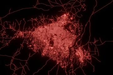Street map of Juba (South Sudan) made with red illumination and glow effect. Top view on roads network. 3d render, illustration