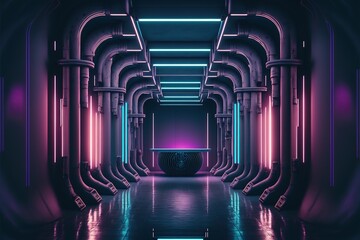 Dark night room with brick walls with neon illumination, metal pipes on the walls, a passageway, a tunnel in the wall. AI