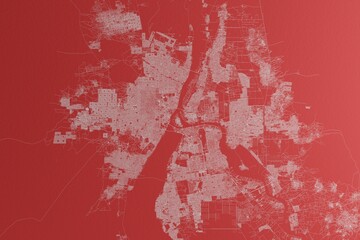 Map of the streets of Khartoum and Omdurman (Sudan) made with white lines on red paper. Top view, rough background. 3d render, illustration