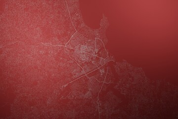 Map of the streets of Dar Es Salaam (Tanzania) made with white lines on abstract red background lit by two lights. Top view. 3d render, illustration