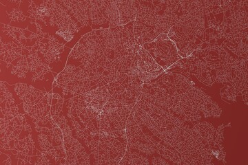 Map of the streets of Kampala (Uganda) made with white lines on red background. Top view. 3d render, illustration