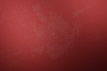 Map of the streets of Mazar-i-Sharif (Afghanistan) made with white lines on abstract red background lit by two lights. Top view. 3d render, illustration