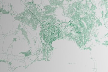 Map of the streets of Baku (Azerbaijan) made with green lines on white paper. 3d render, illustration