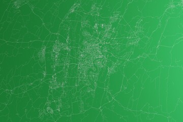 Map of the streets of Chongqing (China) made with white lines on green paper. Rough background. 3d render, illustration