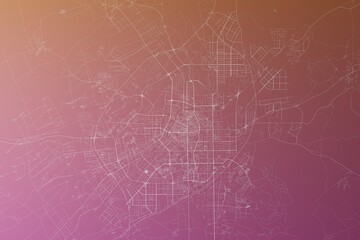 Map of the streets of Changchun (China) made with white lines on pinkish red gradient background. Top view. 3d render, illustration