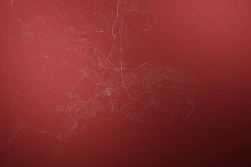 Map of the streets of Dalian (China) made with white lines on abstract red background lit by two lights. Top view. 3d render, illustration