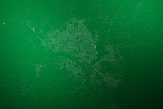 Map of the streets of Niamey (Niger) made with white lines on abstract green background lit by two lights. Top view. 3d render, illustration