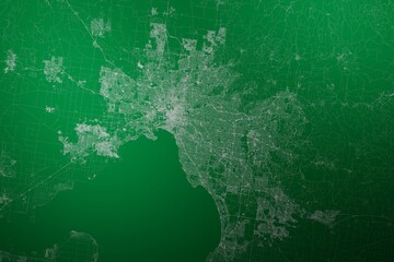 Map of the streets of Melbourne (Australia) made with white lines on abstract green background lit by two lights. Top view. 3d render, illustration