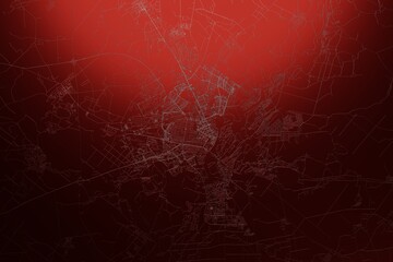 Street map of Gomel (Belarus) engraved on red metal background. Light is coming from top. 3d render, illustration