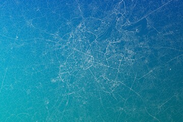 Map of the streets of Brussels (Belgium) made with white lines on greenish blue gradient background. 3d render, illustration