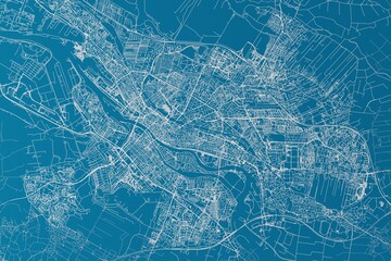 Map of the streets of Bremen (Germany) made with white lines on blue background. 3d render, illustration - obrazy, fototapety, plakaty