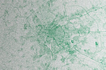 Map of the streets of Lyon (France) made with green lines on white paper. 3d render, illustration