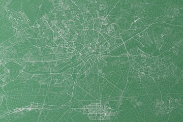 Stylized map of the streets of Frankfurt (Germany) made with white lines on green background. Top view. 3d render, illustration