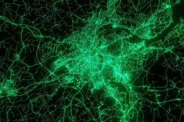 Map of the streets of Lubeck (Germany) made with green illumination and glow effect. Top view on roads network. 3d render, illustration