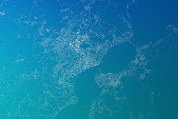 Map of the streets of Saratov (Russia) made with white lines on greenish blue gradient background. 3d render, illustration