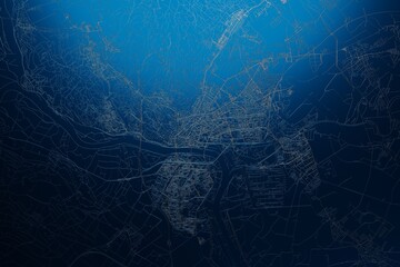 Street map of Bratislava (Slovakia) engraved on blue metal background. View with light coming from top. 3d render, illustration