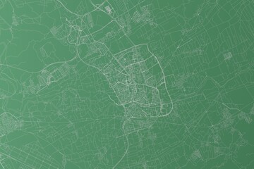 Stylized map of the streets of Murcia (Spain) made with white lines on green background. Top view. 3d render, illustration