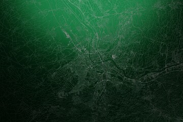 Street map of Basel (Switzerland) engraved on green metal background. Light is coming from top. 3d render, illustration - obrazy, fototapety, plakaty