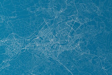 Map of the streets of Bern (Switzerland) made with white lines on blue background. 3d render, illustration
