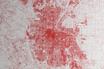 Map of the streets of Denver (Colorado, USA) made with red lines on white paper. 3d render, illustration