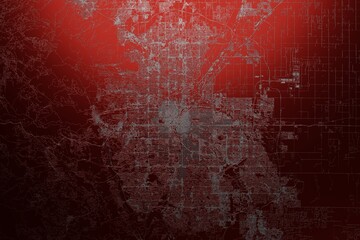 Street map of Denver (Colorado, USA) engraved on red metal background. Light is coming from top. 3d render, illustration