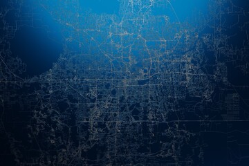 Street map of Orlando (Florida, USA) engraved on blue metal background. View with light coming from top. 3d render, illustration