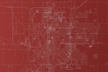 Fototapeta na wymiar Map of the streets of Bloomington (Illinois, USA) made with white lines on red background. Top view. 3d render, illustration