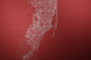 Map of the streets of Miami (Florida, USA) made with white lines on abstract red background lit by two lights. Top view. 3d render, illustration
