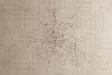 Map of Decatur (Illinois, USA) on an old vintage sheet of paper. Retro style grunge paper with light coming from right. 3d render