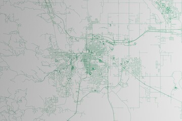 Map of the streets of Rapid City (South Dakota, USA) made with green lines on white paper. 3d render, illustration