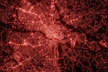 Street map of Richmond (Virginia, USA) made with red illumination and glow effect. Top view on roads network. 3d render, illustration