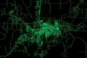 Map of the streets of Casper (Wyoming, USA) made with green illumination and glow effect. Top view on roads network. 3d render, illustration