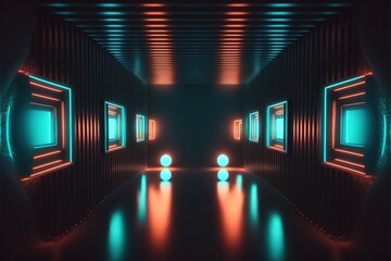 Abstract light tunnel, corridor with neon light. Hi-tech sci-fi passageway. Metallic light reflection. AI