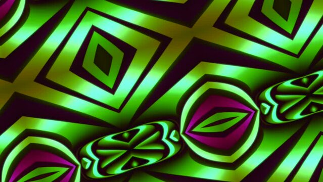 Psychedelic kaleidoscope pattern background with morphing shapes in vivd neon colors