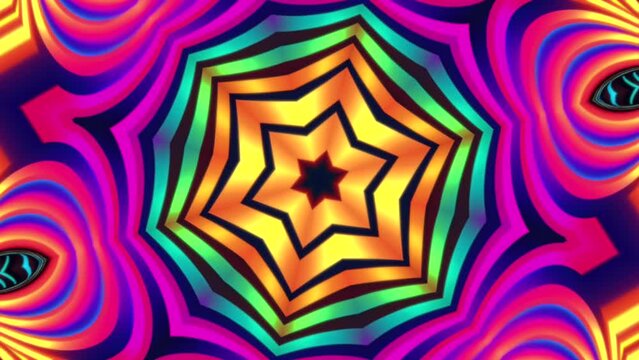 A trance induced symmetric pattern background with vibrant colors of stars and stripes.