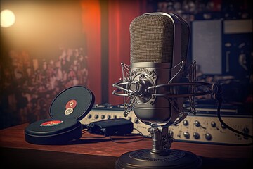 Vintage microphone in very old music recording studio,  film  scene, vinyl cover, Podcast production. AI Generative