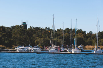 Archipelago National Park landscape, Southwest Finland, with islands, islets and skerries, Saaristomeren kansallispuisto, summer sunny day, view from shuttle ship ferry boat in the Archipelago Sea