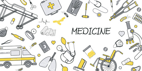 Medicine concept for banner design with flat line doodle pattern. Hand drawing texture with wheelchair, pills, stethoscope, lungs, ambulance, first aid kit and microscope. Illustration for web