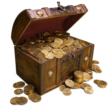 Open vintage treasure chest filled with gold coins