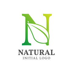 letter N with leaf natural initial vector logo design
