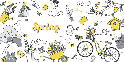 Spring concept for banner design with flat line doodle pattern. Hand drawing texture with bike with flower, watering can, birdhouse, wheelbarrow with bouquet, rubber boots. Illustration for web