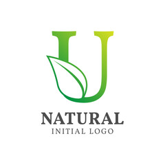 letter U with leaf natural initial vector logo design
