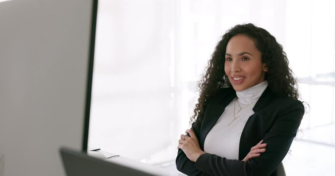 Office, relax and proud business woman with corporate project to submit on the computer in the office. Happy, satisfied and professional female employee from Brazil with finished report in workplace.