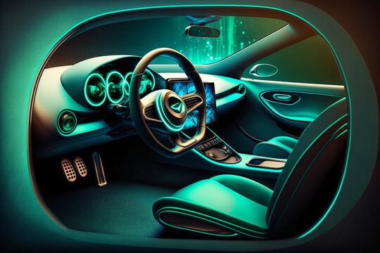 Modern Car Interior With Glowing Green Neon Lights
